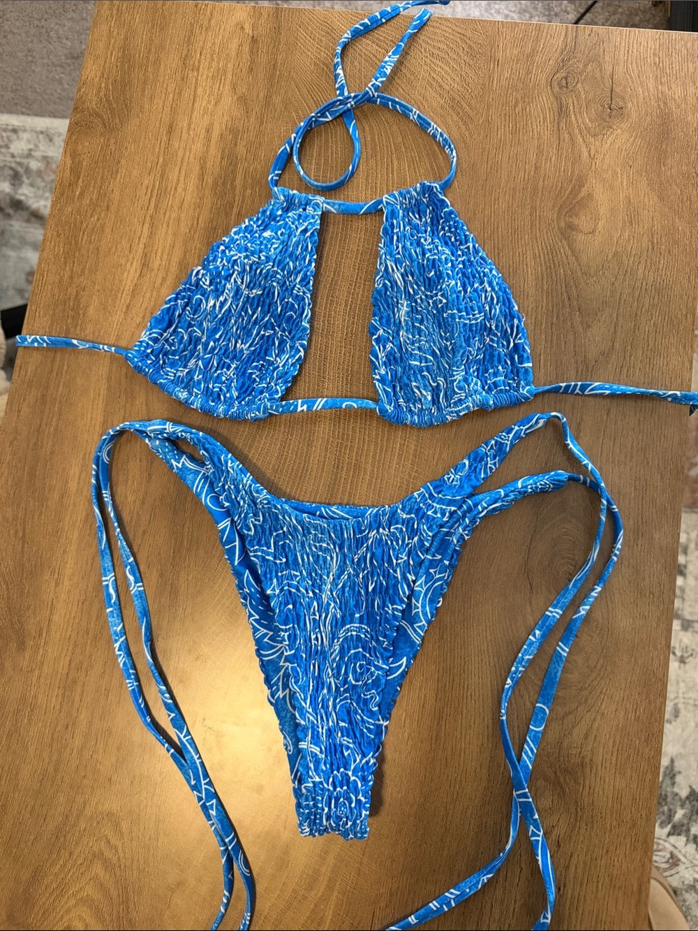 Blue Smocked String Bikini Top & Bottom Set